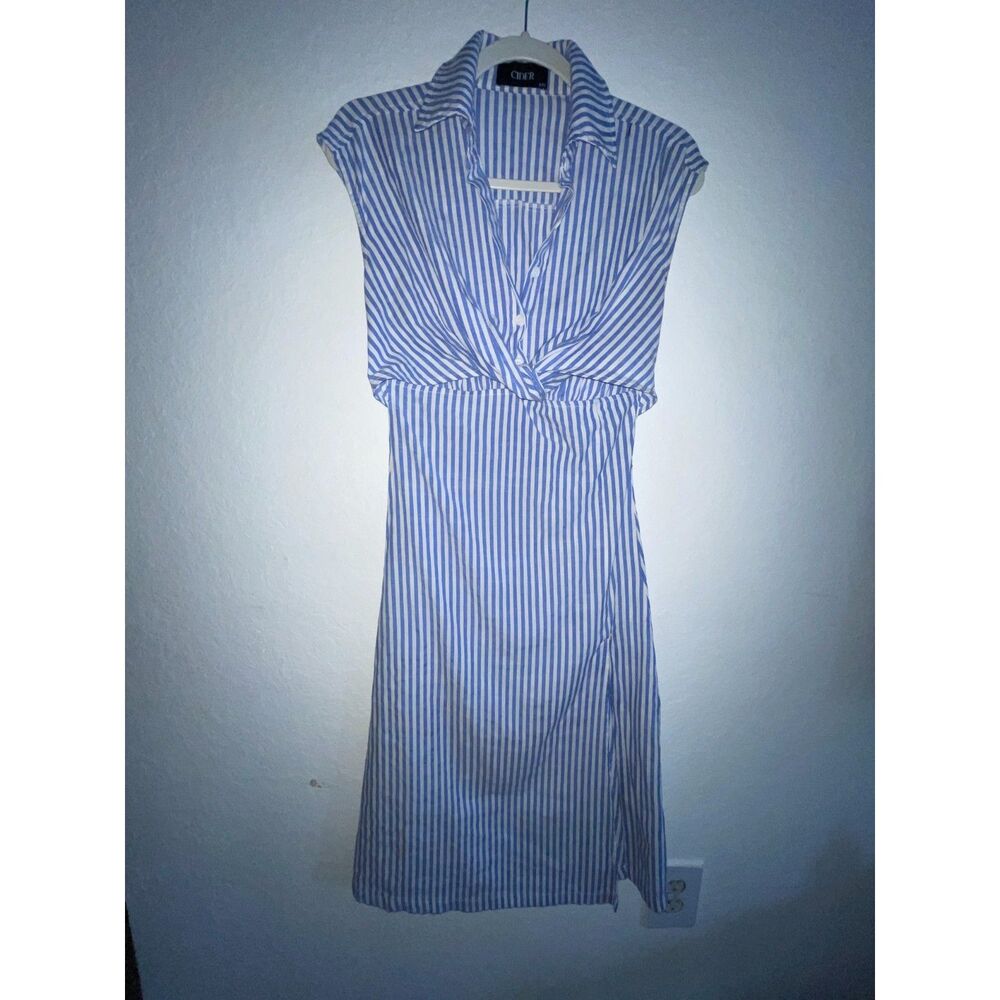 Cider Women's Woven Cotton-Blend Striped Split Hem Midi Collard Dress XXS